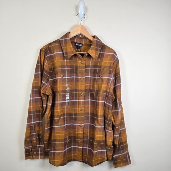 Patagonia Womens Size L Fjord Flannel Shirt Happy Camper Shelter Brown 42406
